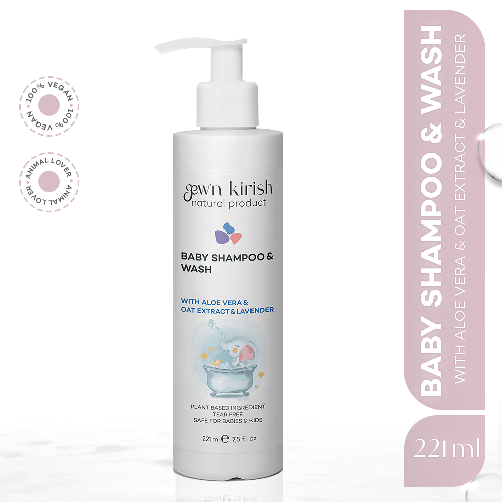 Natural Vegan Baby shampoo and wash bottle with a pink label on a white background Natural Vegan