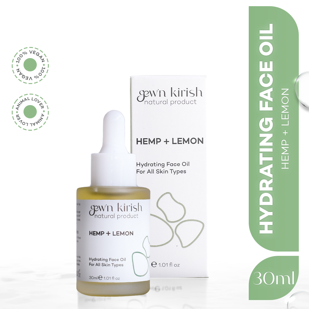 Gewn Kirish Hemp + Lemon Hydrating Face Oil with dropper and packaging on a white background