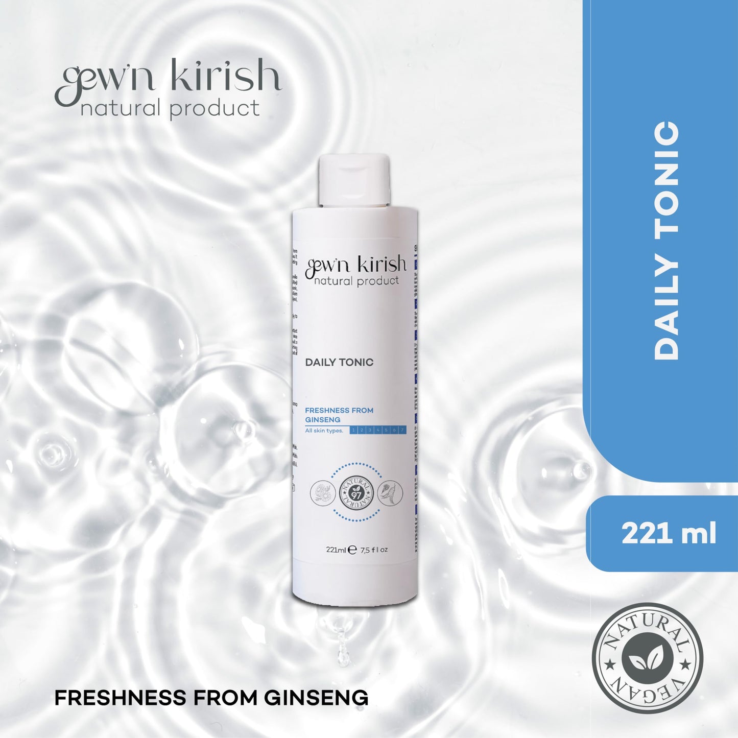 Gew'n Kirish Daily Tonic - Purifying Moisturizing Sebum Balancing 7.5 fl oz - Gentle Plant Formula with Ginseng Aloe Vera Chamomile for All Skin Types