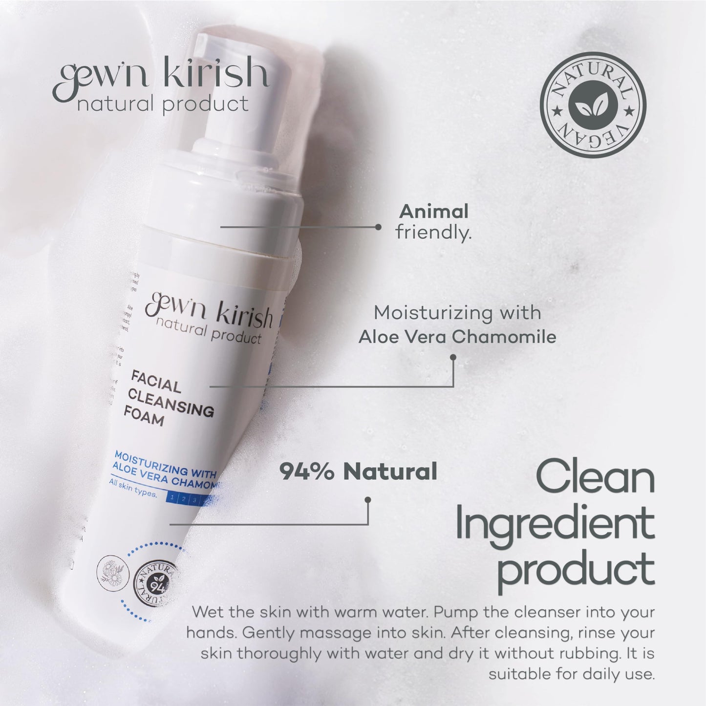 Gewn Kirish facial cleansing foam bottle with product details on a white background Facial Cleansing Foam, Natural, Vegan, Clean Beauty, Animal Friendly, Cruelty Free,
