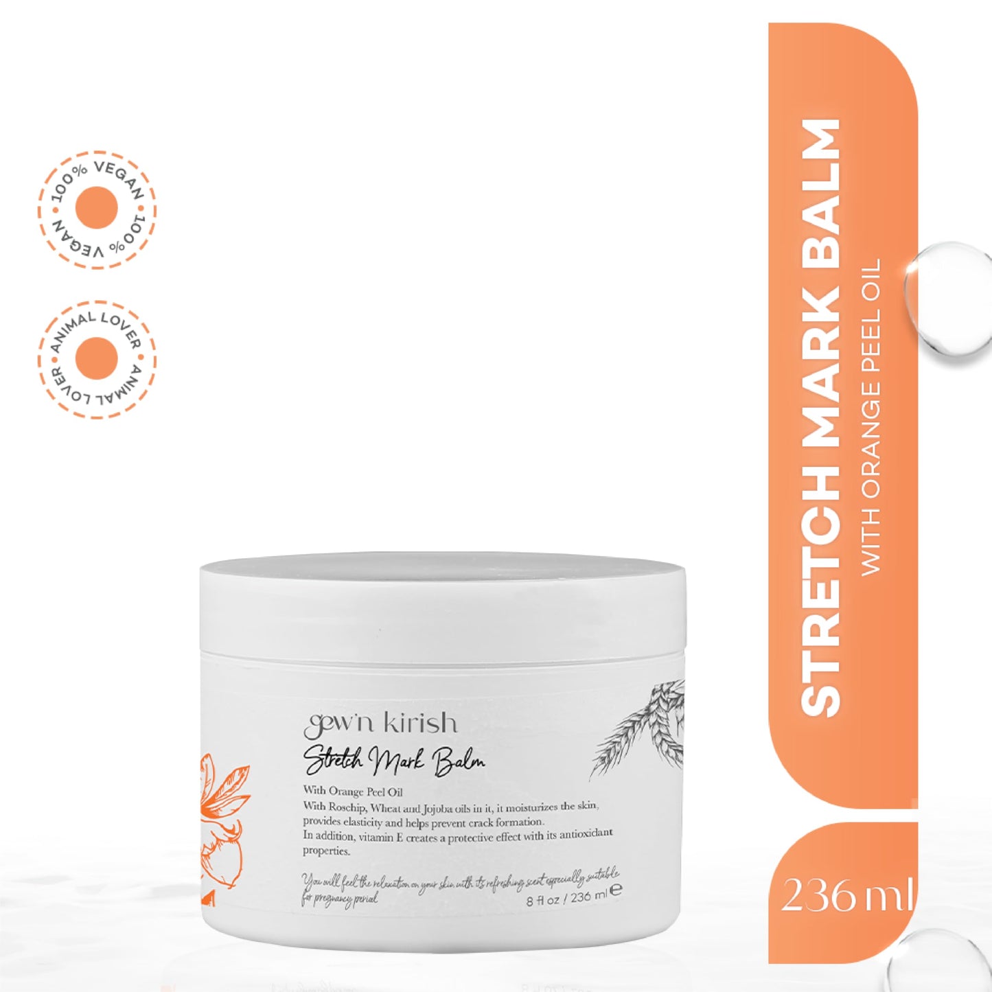 Gew'n Kirish Natural Stretch Mark Balm with Shea Butter & Orange Peel Oil | Nourishing & Moisturizing (Petrolatum, Phthalate, Mineral Oil Free)