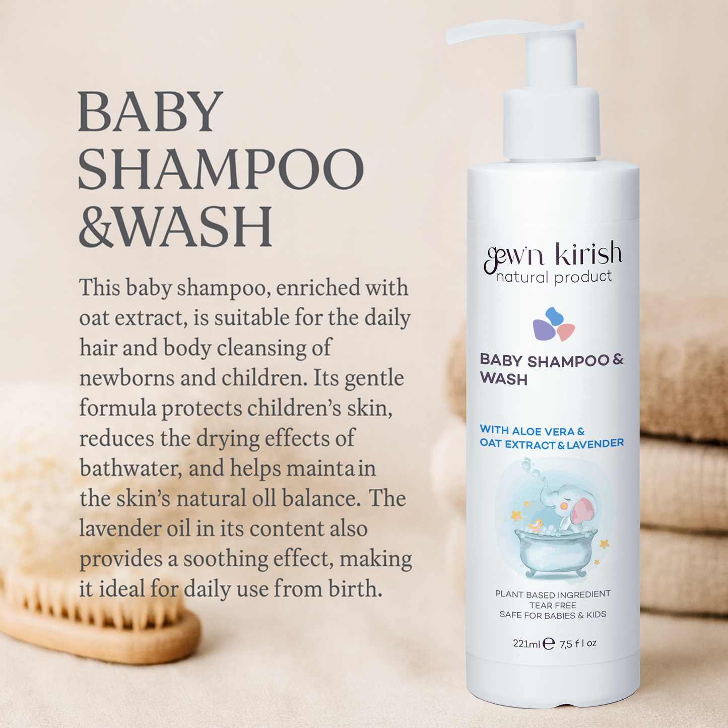 Gew'n kirish Natural Baby Shampoo & Body Wash – Tear-Free, Hypoallergenic Cleanser with Lavender Oil & Oat Kernel Extract, 100% Vegan, Formula, 7.5 fl