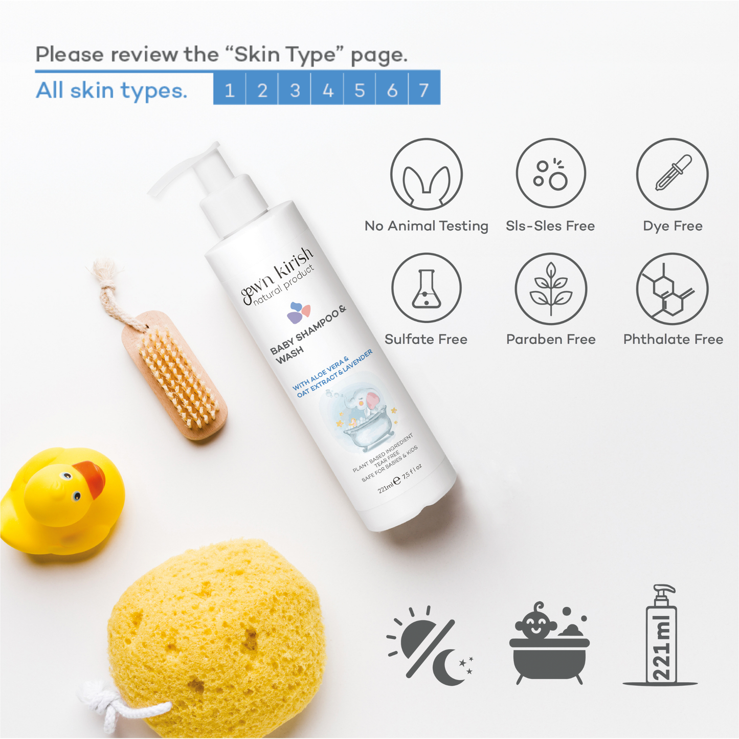 Gew'n kirish Natural Baby Shampoo & Body Wash – Tear-Free, Hypoallergenic Cleanser with Lavender Oil & Oat Kernel Extract, 100% Vegan, Formula, 7.5 fl