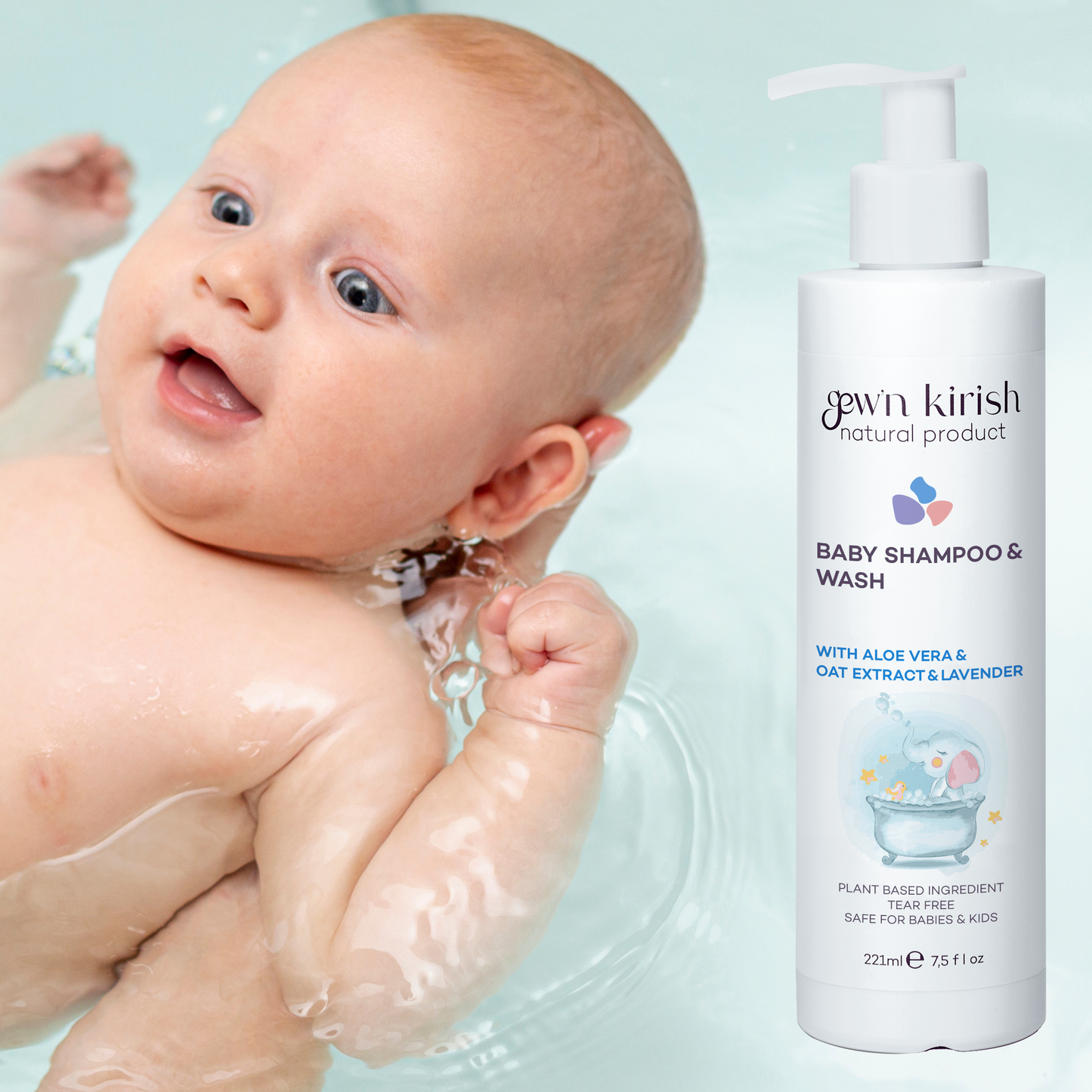 Gew'n kirish Natural Baby Shampoo & Body Wash – Tear-Free, Hypoallergenic Cleanser with Lavender Oil & Oat Kernel Extract, 100% Vegan, Formula, 7.5 fl