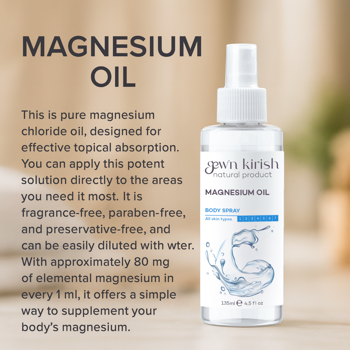 Gew'n Kirish Magnesium Oil Body Spray - 135ml Pure Magnesium Chloride for Joint Health Sleep Muscle Health Calming Fragrance-Free