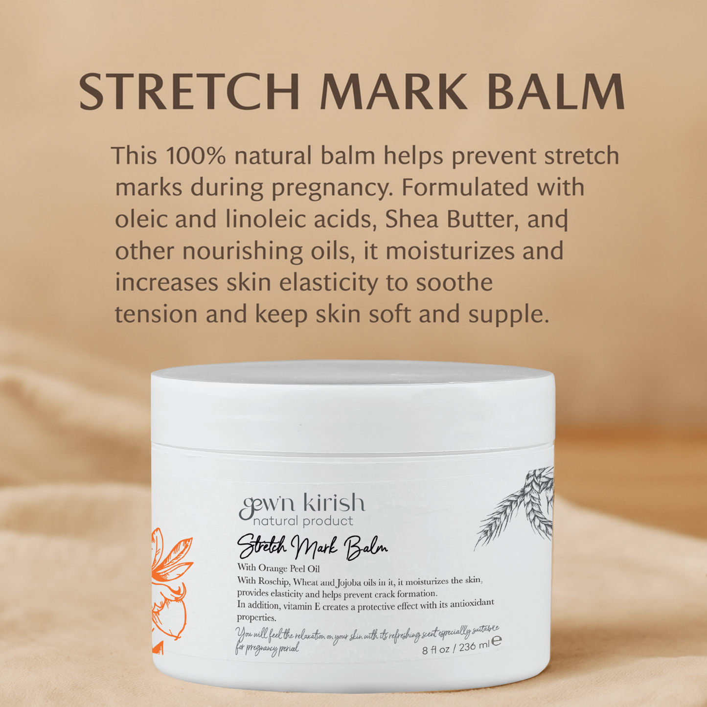 Gew'n Kirish Natural Stretch Mark Balm with Shea Butter & Orange Peel Oil | Nourishing & Moisturizing (Petrolatum, Phthalate, Mineral Oil Free)