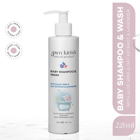  Natural Vegan Baby shampoo and wash bottle with a pink label on a white background Natural Vegan