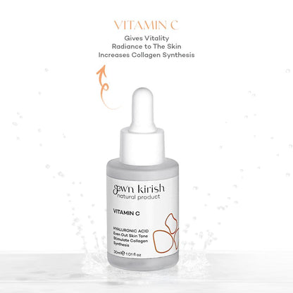 Skincare dropper bottle with Gewn Kirish branding on a white C vitamin background