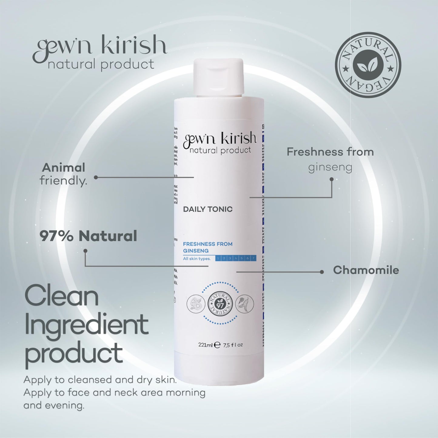 Gew'n Kirish Daily Tonic - Purifying Moisturizing Sebum Balancing 7.5 fl oz - Gentle Plant Formula with Ginseng Aloe Vera Chamomile for All Skin Types