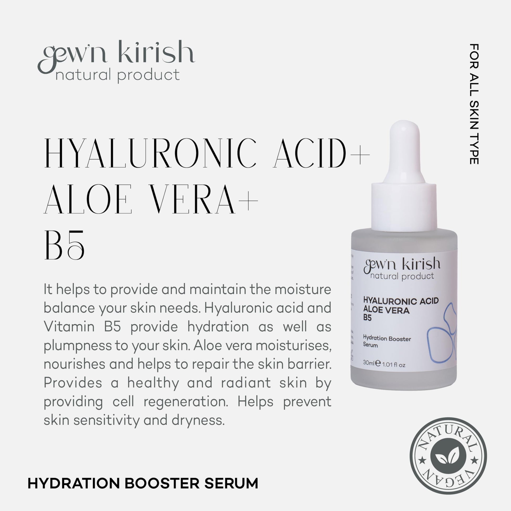 Gewn Kirish hydration booster serum with product details on a white background Hyaluronic Acid Aloe Vera