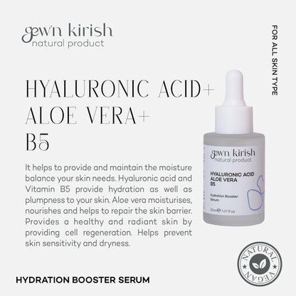 Gewn Kirish hydration booster serum with product details on a white background Hyaluronic Acid Aloe Vera