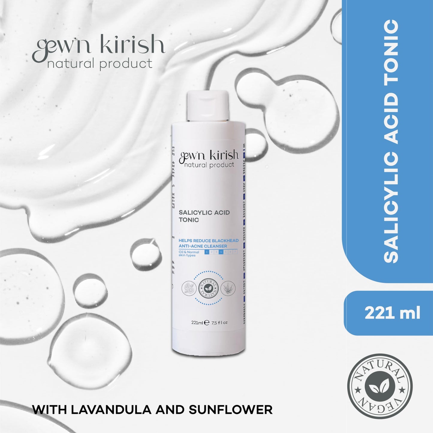 Gew'n Kirish Salicylic Acid Tonic 7.5 fl oz - Anti-Acne Cleanser with Chamomile & Glycerin for Oily & Normal Skin