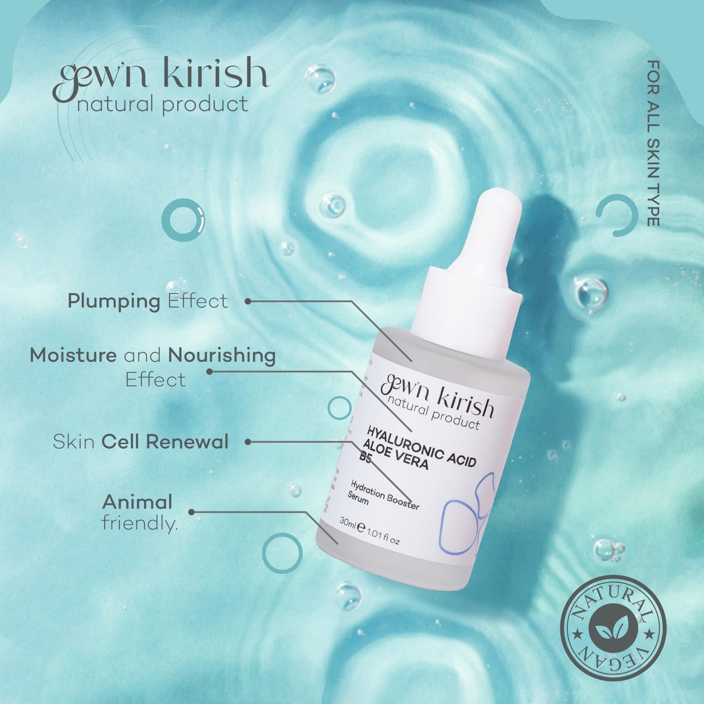 Gew’n Kirish Hyaluronic Acid + Aloe Vera + Vitamin B5 Hydration Booster Serum - Deep Moisture, Skin Soothing, 30 ml (1.01 fl oz)