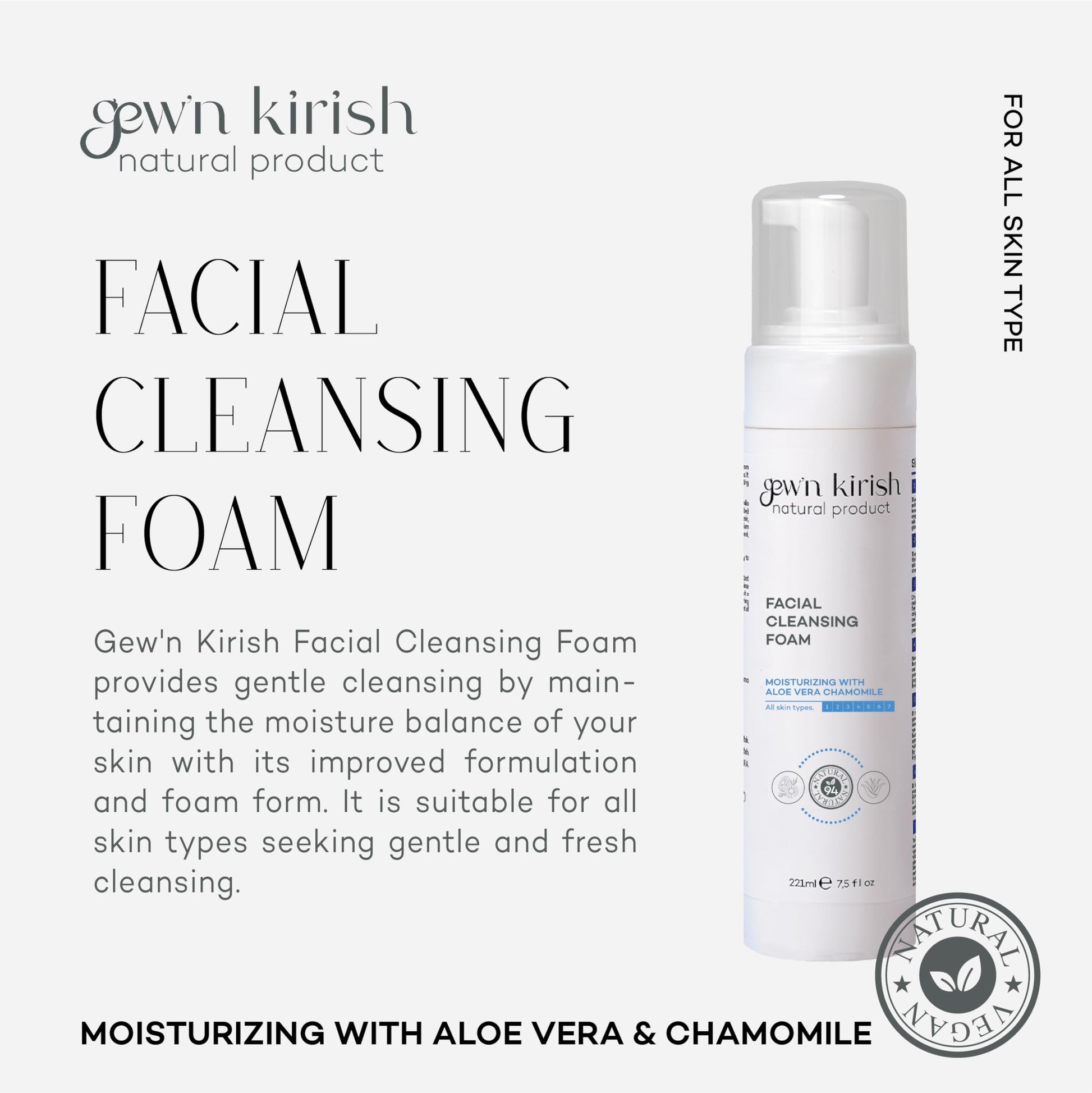 Gewn Kirish Facial Cleansing Foam bottle with product description on a white background Gewnkirish Facial Cleansing Foam, Natural, Vegan, Clean Beauty, Animal Friendly, Cruelty Free, 