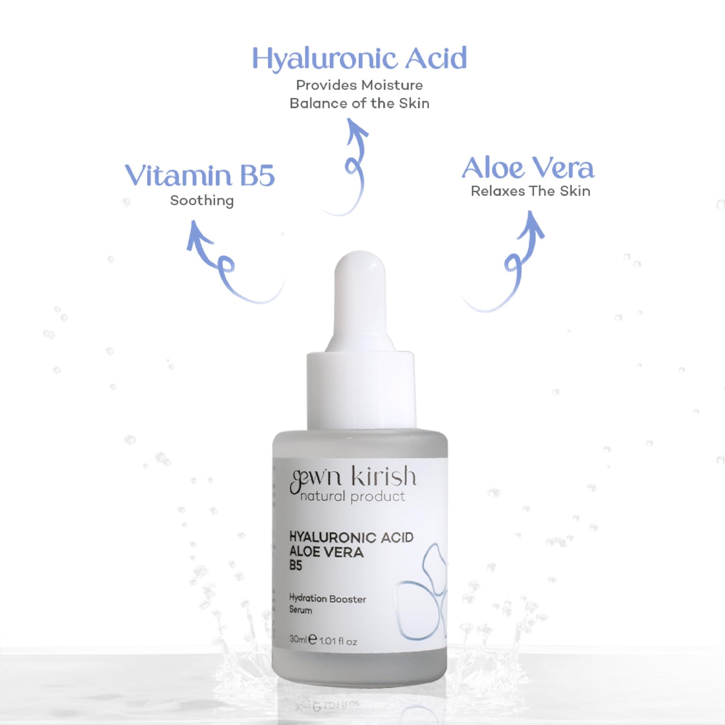 Gew’n Kirish Hyaluronic Acid + Aloe Vera + Vitamin B5 Hydration Booster Serum - Deep Moisture, Skin Soothing, 30 ml (1.01 fl oz)
